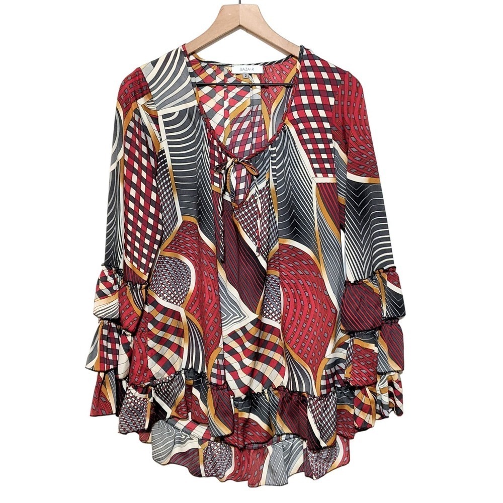 Bazaar Womens Abstract Print Long Ruffle Sleeve Tunic Blouse Size 2 Red Multi